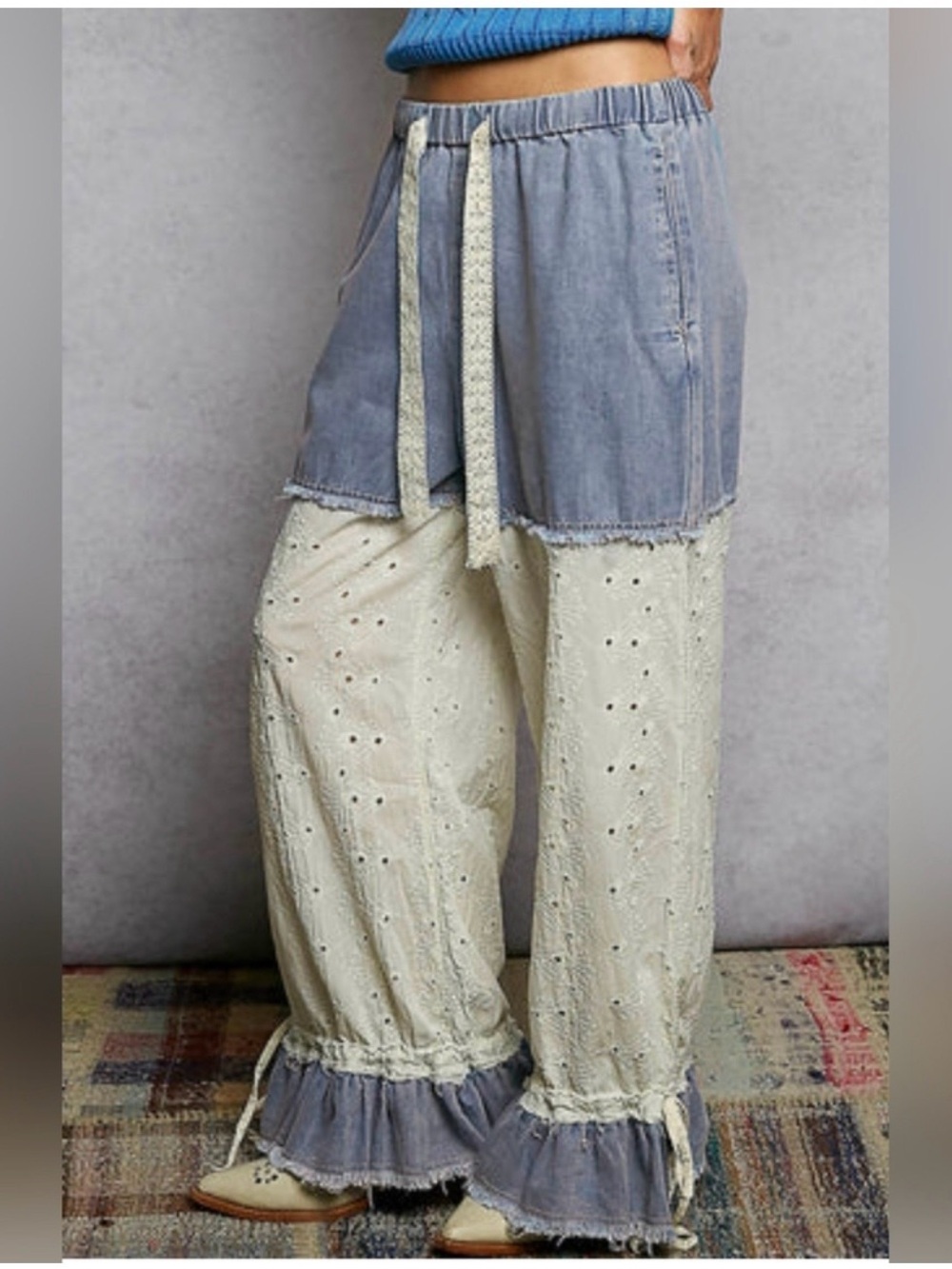 POL Two-Tone Eyelet Wide-Leg Pants in Chambray Blue and Cream